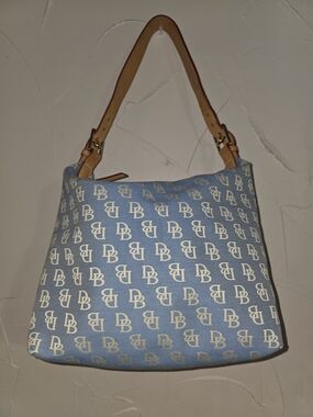 Dooney & Bourke Denim Monogram Shoulder Bag with Tan Strap